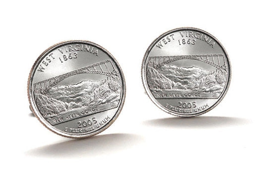 West Virginia State Quarter Coin Cufflinks Uncirculated U.S. Quarter 2005 Cuff Links Enamel Backing Cufflinks