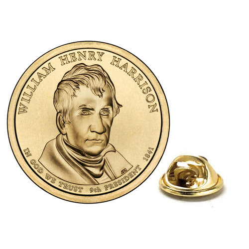 A gold-colored lapel pin depicting an image of William Henry Harrison, the 9th President of the United States, with the inscription 'IN GOD WE TRUST' and 'WILLIAM HENRY HARRISON 9th PRESIDENT'.