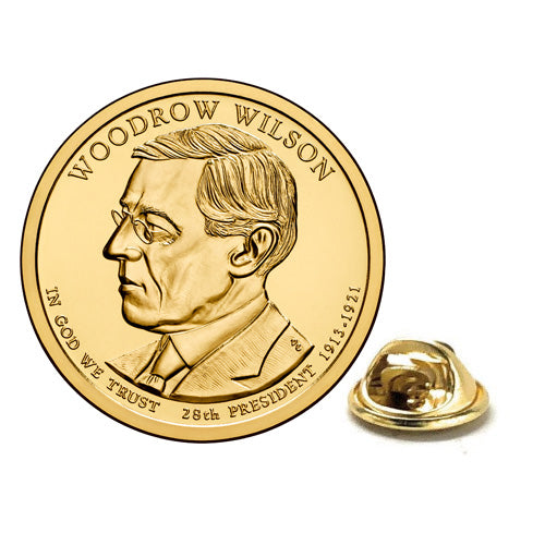 A gold-colored, rhodium-plated lapel pin shaped like a dollar coin, featuring a portrait of Woodrow Wilson, with a butterfly clasp back.