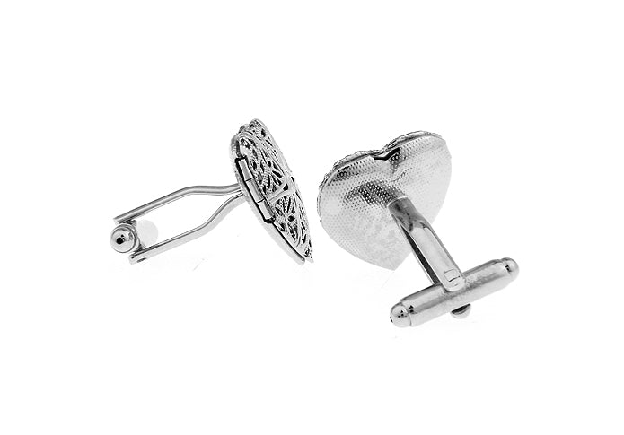 Heart Locket Cufflinks Silver Embossed Design Opens Up Locket Picture Holder Silver Rhodium Cuff Links