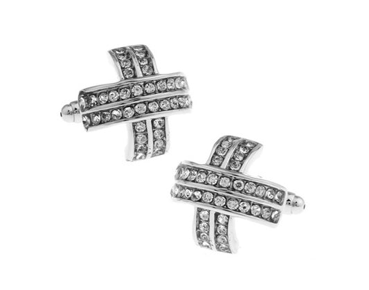 Rhinestones Folding Cross Cufflinks Forty Four Crystals in the Design Silver Rhodium Cuff Links