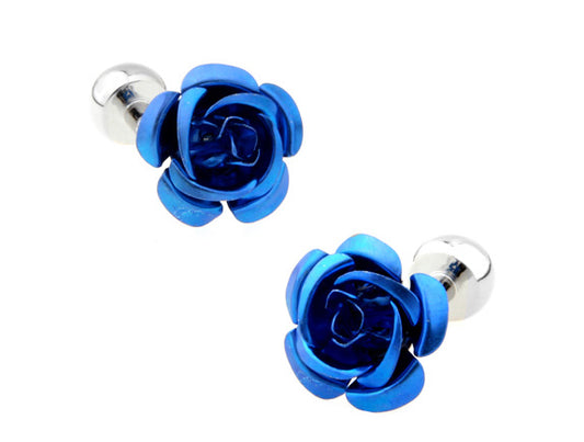 Rose Cufflinks 3D Design Blue Flower Cuff Links Rose Detailed Wedding Cufflinks Prom Dance Floral Power