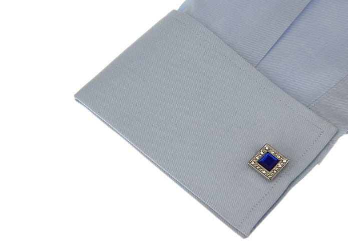 Big Royal Crystal Cufflinks Silver Platting Clear Crystal Trim Bullet Post Backing Anniversary Gift Classic Cuff Links Groomsmen Gift Blue