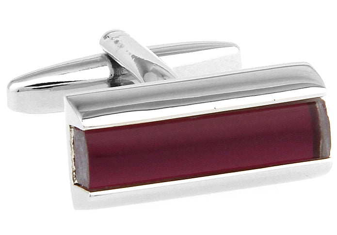 JayPins Burgundy Glass Bar Cufflinks – rectangular silver cufflinks with deep burgundy glass inlay, designed for modern formalwear and luxury men’s fashion.