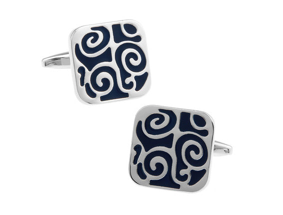 Black Swirl Cufflinks Black Enamel Silver Rhodium Platting Cuff Links