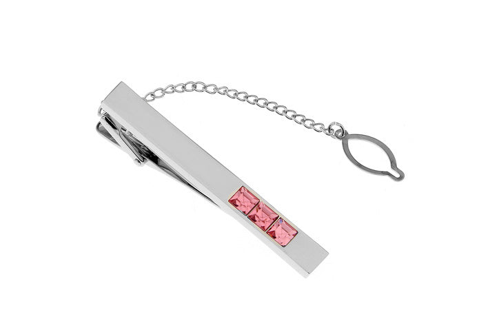 Three Big Rose Crystals Tie Clip Silver Rhodium Platting Silver Three Pink Marching Crystals Tie Bar Wedding Tie Clip with Button Chain