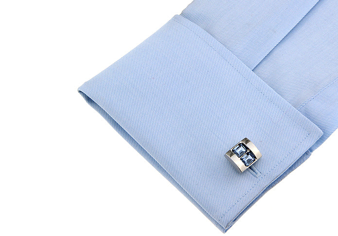 Wedding Cufflinks Silver Double Stack Blue Crystals Inset Cuffs Straight Bullet Backing Sapphire December Birthstone Power Cuff Links
