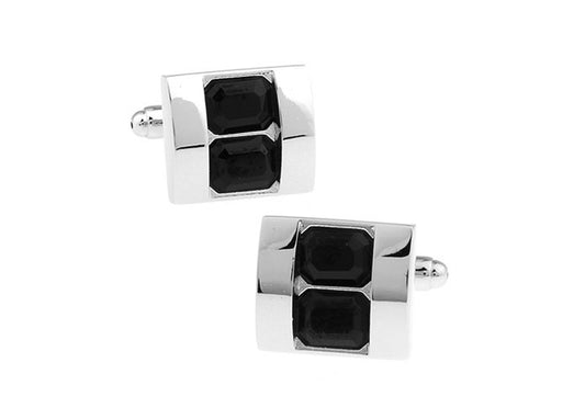 Double Stack Black Agate Crystal Cufflinks Big Cut Crystals with Silver Trim Cuff Links