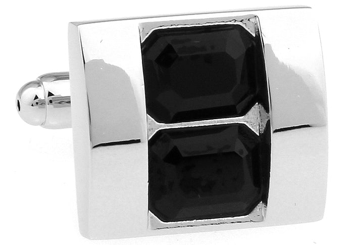 Double Stack Black Agate Crystal Cufflinks Big Cut Crystals with Silver Trim Cuff Links