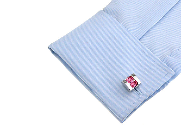 Double Stack Jazzberry Crystal Cufflinks Big Cut Crystals with Silver Trim Cuff Links