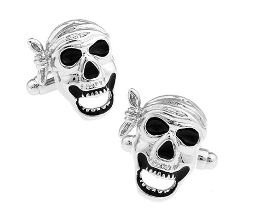 Pirate Skull Cufflinks Silver Rhodium Platting with Black Enamel Pirate Cosplay Caribbean Pirates Cuff Links