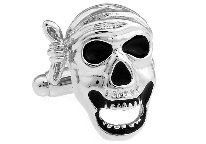 Pirate Skull Cufflinks Silver Rhodium Platting with Black Enamel Pirate Cosplay Caribbean Pirates Cuff Links