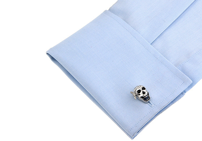 Pirate Skull Cufflinks Silver Rhodium Platting with Black Enamel Pirate Cosplay Caribbean Pirates Cuff Links