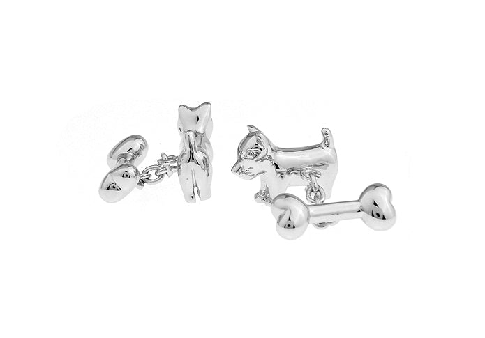 Silver Terrier Dog Cufflinks Silver Rhodium with Chain and Bone Puppy Dog Mans Best Fried Family Dog Best Pets Cuff Links