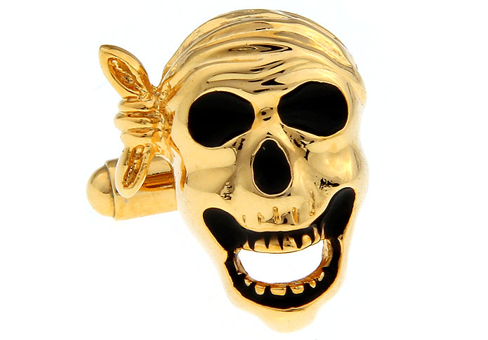Pirate Skull Cufflinks Gold Doubloon Color with Black Enamel Pirate Cosplay Caribbean Pirates Cuff Links