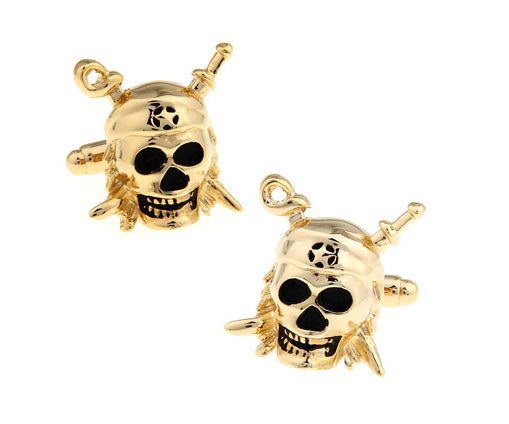 Pirate Skull Cufflinks Gold Doubloon Color with Black Enamel Captain Star Caribbean Pirates Cuff Links