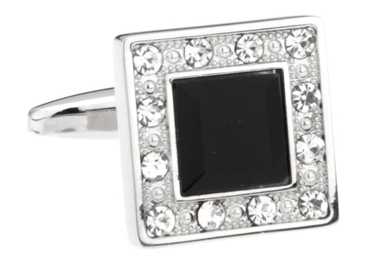 Black Agate Cufflinks Crystal Inlay Trim Bullet Backing Anniversary Gift Classic Cuff Links Groomsmen Gift