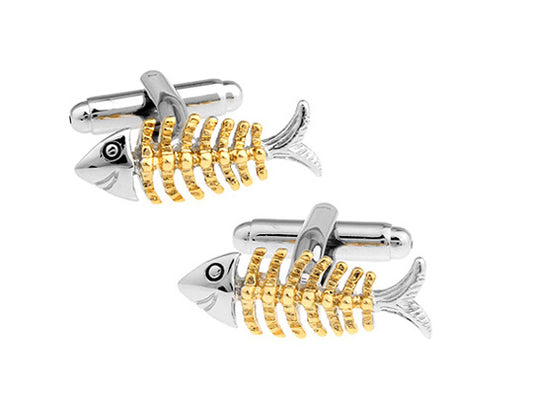 Fish Bones Cufflinks Fish Silver and Gold Rhodium Finish Body Enamel Cuff Links Gift for Dad Fisherman Cufflinks