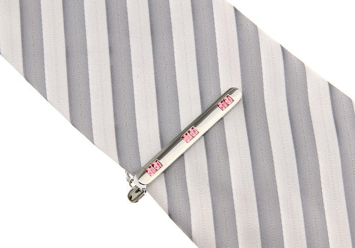 Rose Crystals Tie Clip Silver Rhodium Platting Silver Four Pink Grouping Crystals Tie Bar Wedding Tie Clip with Button Chain