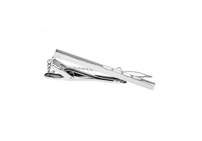 Four Crystals Tie Clip Silver Rhodium Platting Silver Four Clear Marching Crystals Tie Bar Wedding Tie Clip with Button Chain