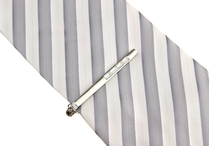 Four Crystals Tie Clip Silver Rhodium Platting Silver Four Clear Marching Crystals Tie Bar Wedding Tie Clip with Button Chain