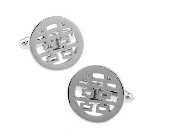 JayPins Silver Double Happiness Cufflinks – polished silver round cufflinks featuring the Chinese Double Happiness symbol representing love, unity, and good fortune; perfect for weddings and special occasions.