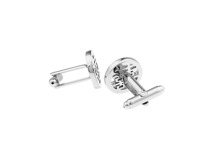 JayPins Silver Double Happiness Cufflinks – polished silver round cufflinks featuring the Chinese Double Happiness symbol representing love, unity, and good fortune; perfect for weddings and special occasions.
