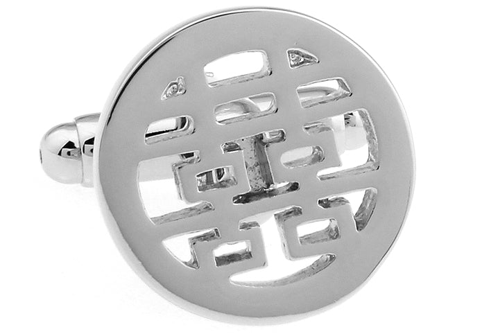JayPins Silver Double Happiness Cufflinks – polished silver round cufflinks featuring the Chinese Double Happiness symbol representing love, unity, and good fortune; perfect for weddings and special occasions.