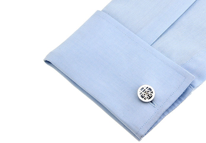 JayPins Silver Double Happiness Cufflinks – polished silver round cufflinks featuring the Chinese Double Happiness symbol representing love, unity, and good fortune; perfect for weddings and special occasions.