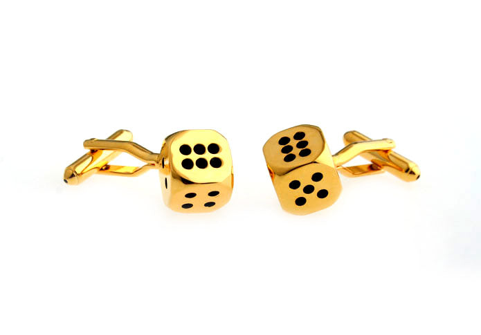 Gold dice-shaped cufflinks on a white background