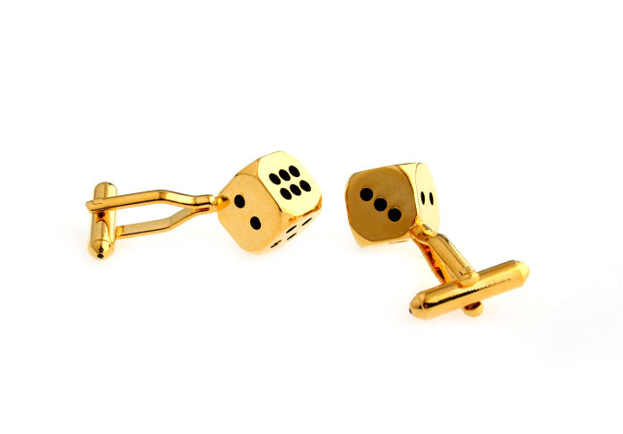Gold dice-shaped cufflinks on a white background