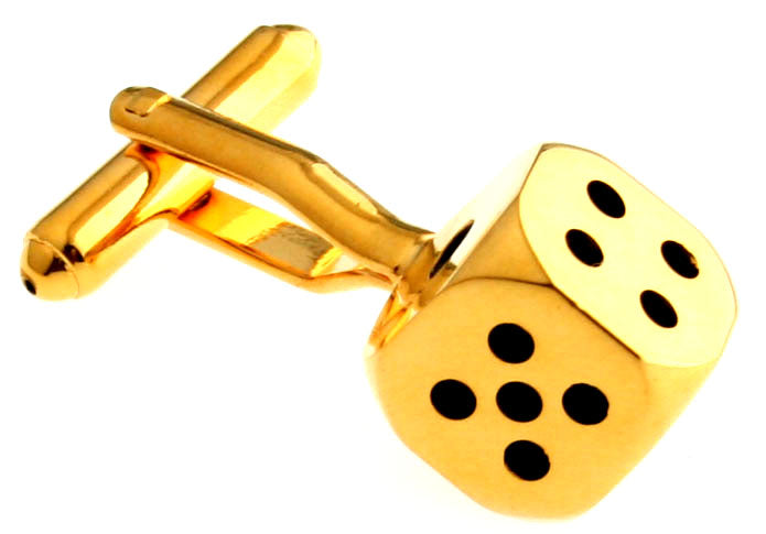Gold dice-shaped cufflinks on a white background