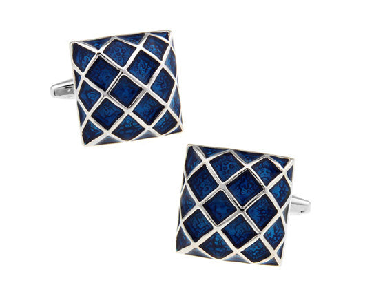 Pair of blue geometric cufflinks on a white background