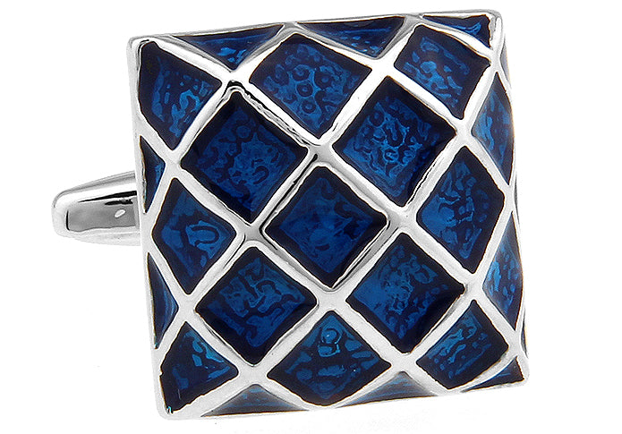 Blue and silver geometric cufflinks on a white background