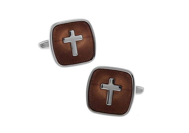 Amber Cross Cufflinks Silver Trim Design Man of Faith Cuff Links