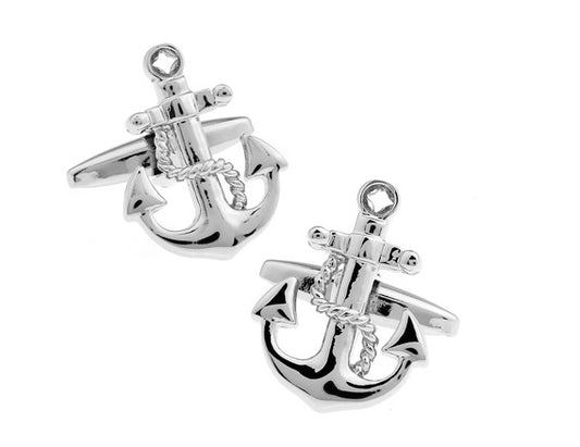 Silver anchor-shaped cufflinks on a white background