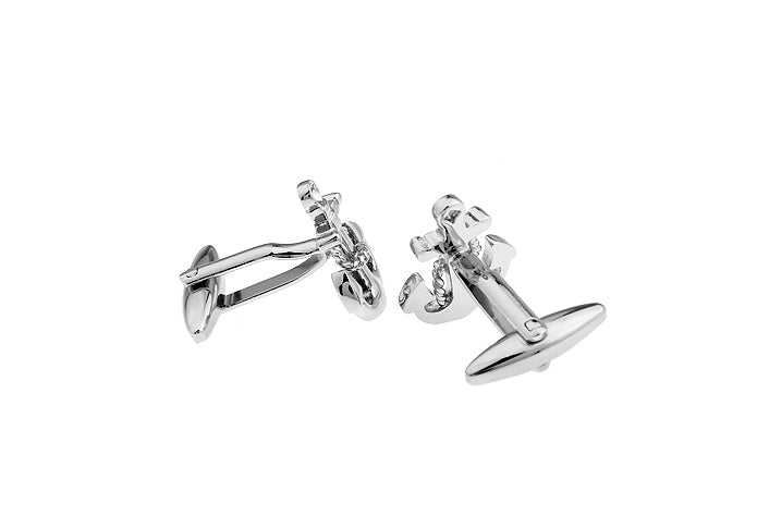 Silver anchor-shaped cufflinks on a white background