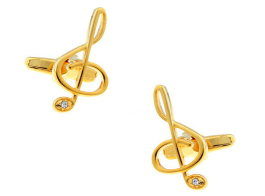 JayPins Gold Music Note Cufflinks with crystal accent shown on a white background — elegant accessory and gift for musicians, teachers, and performers.