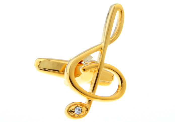 JayPins Gold Music Note Cufflinks with crystal accent shown on a white background — elegant accessory and gift for musicians, teachers, and performers.