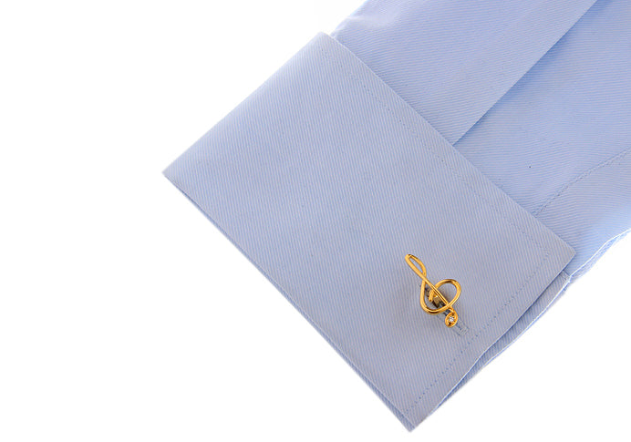 JayPins Gold Music Note Cufflinks with crystal accent shown on a white background — elegant accessory and gift for musicians, teachers, and performers.