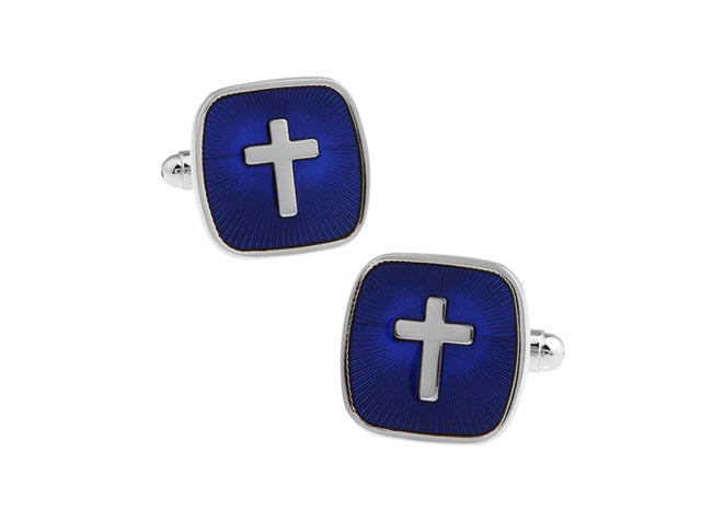 Cross Cufflinks Religious Cuff Links Men's Fashion Accessories Elegant Cufflinks Silver and Blue Enamel