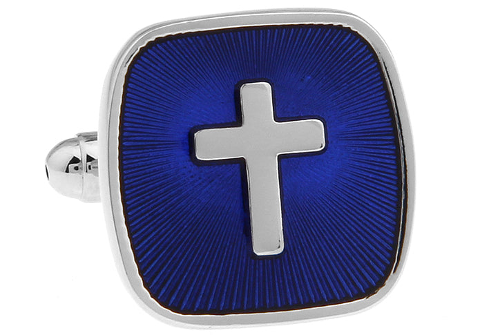 Cross Cufflinks Religious Cuff Links Men's Fashion Accessories Elegant Cufflinks Silver and Blue Enamel