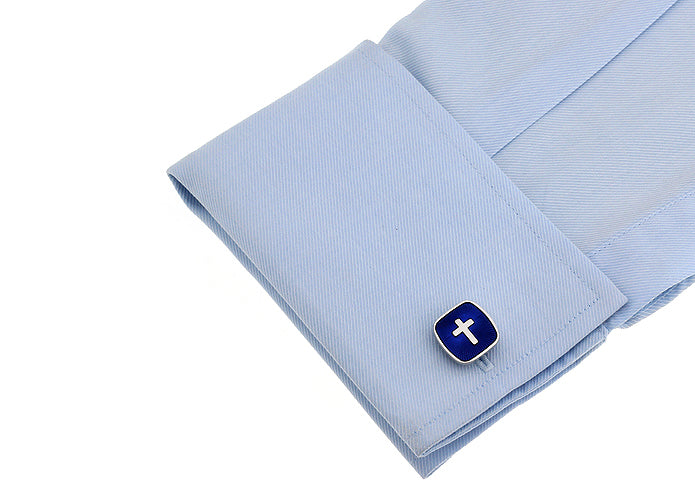 Cross Cufflinks Religious Cuff Links Men's Fashion Accessories Elegant Cufflinks Silver and Blue Enamel