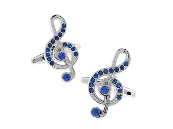 Silver Music Note Cufflinks with Blue Crystal Accents – elegant treble clef design by JayPins, perfect gift for musicians and music lovers.