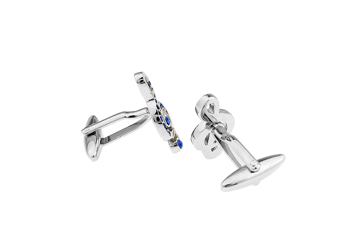 Silver Music Note Cufflinks with Blue Crystal Accents – elegant treble clef design by JayPins, perfect gift for musicians and music lovers.