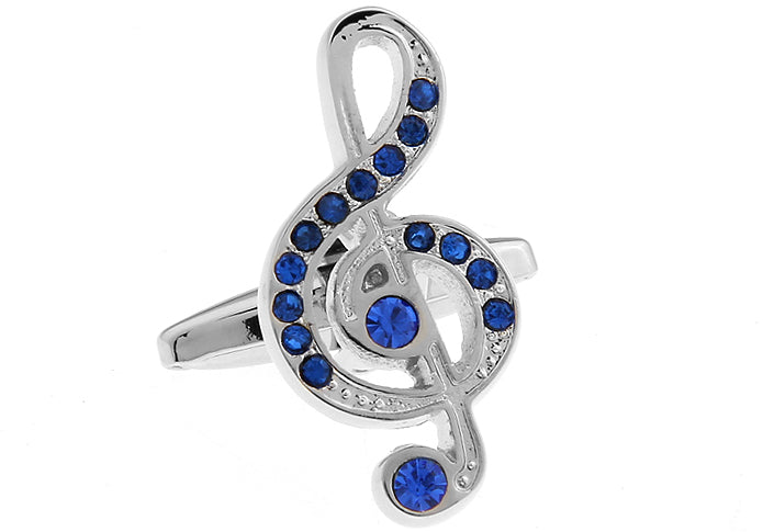 Silver Music Note Cufflinks with Blue Crystal Accents – elegant treble clef design by JayPins, perfect gift for musicians and music lovers.