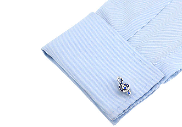 Silver Music Note Cufflinks with Blue Crystal Accents – elegant treble clef design by JayPins, perfect gift for musicians and music lovers.