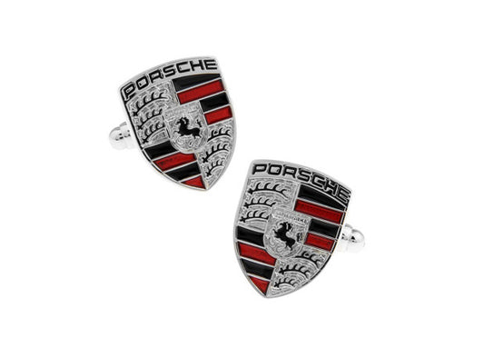 Porsche Logo Cufflinks Car Badge plate Hood Ornament Silver Cuff Links