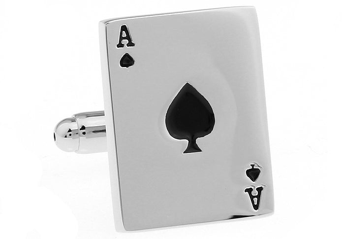 Cufflinks designed like an ace of spades card on a white background
