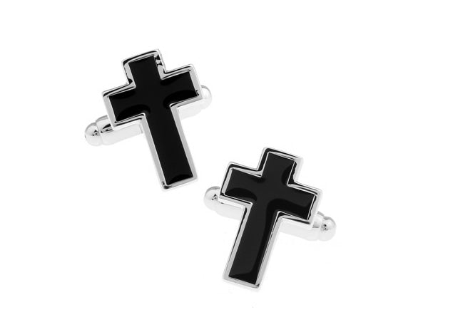 Men's Cufflinks Black Enamel Silver Trim Cross Jewelry Cuff Links Religious Gift Man of Faith